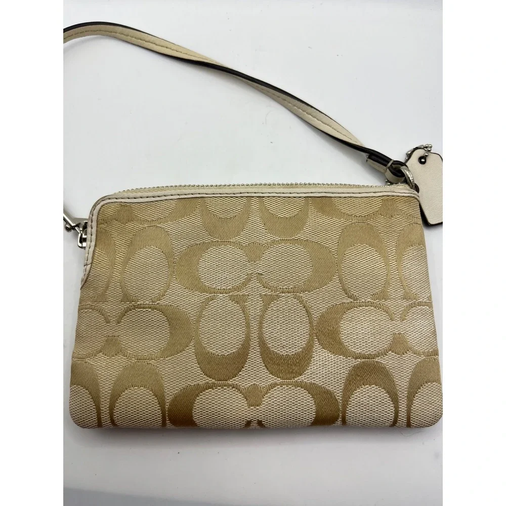 Coach Signature Canvas‎ Wristlet Pouch Beige Tan Leather Trim Charm